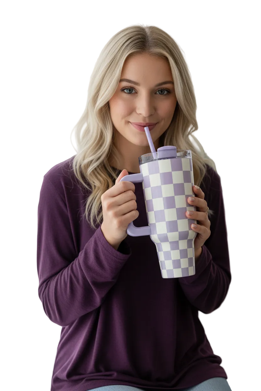Purple Checkered Stainless Steel Tumbler