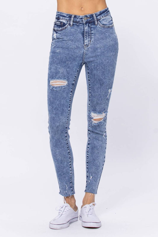 Judy Blue Plus Size High Rise Skinny Wash Destroyed Hem Jeans