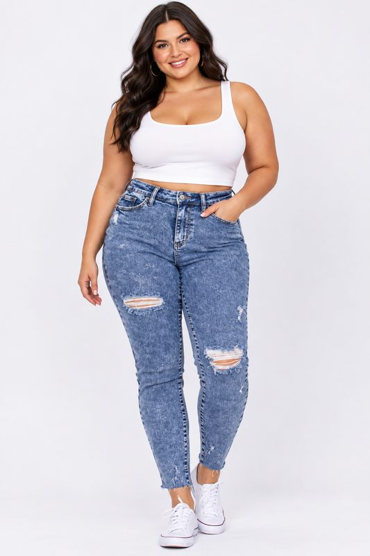 Judy Blue Plus Size High Rise Skinny Wash Destroyed Hem Jeans