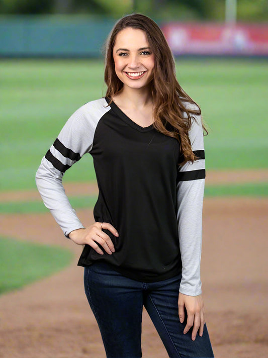 Black Long sleeve Tee with Grey Sleeves & Varsity Stripe