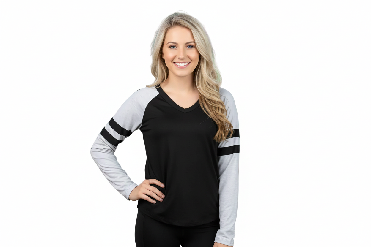 Black Long sleeve Tee with Grey Sleeves & Varsity Stripe