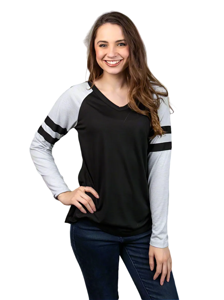 Black Long sleeve Tee with Grey Sleeves & Varsity Stripe