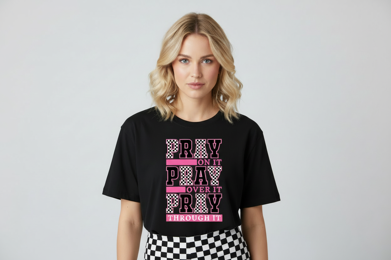Pray On It Black Checkered Graphic Tshirt