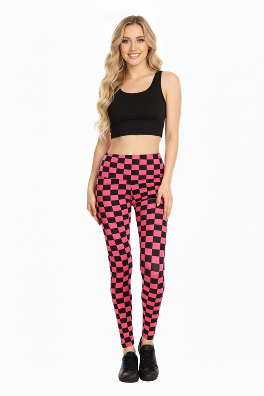 Plus Size Pink Checkered Print Leggings