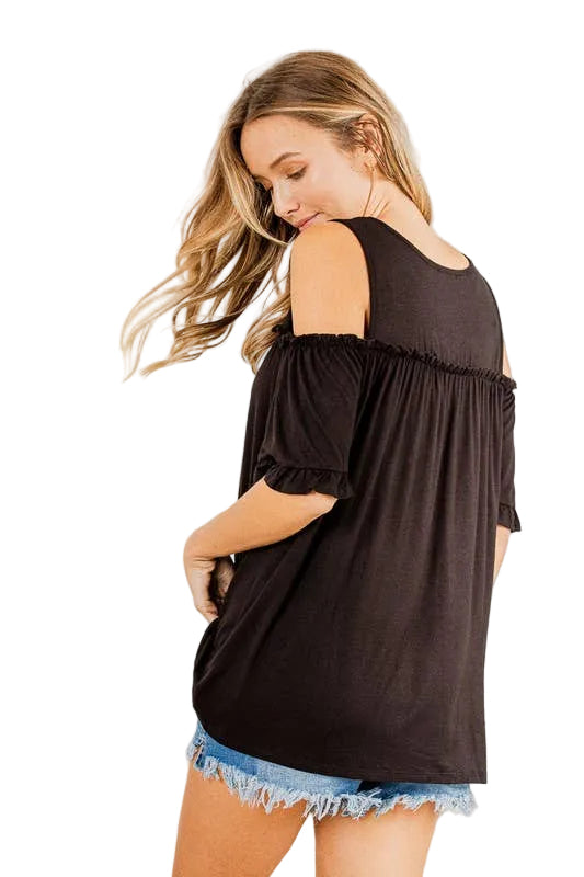 Cold Shoulder Black Solid Top With Ruffled Detail