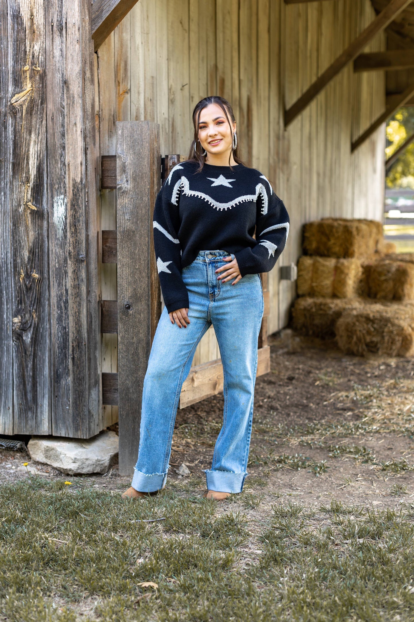 Rhinestone Star Black Pullover Sweater