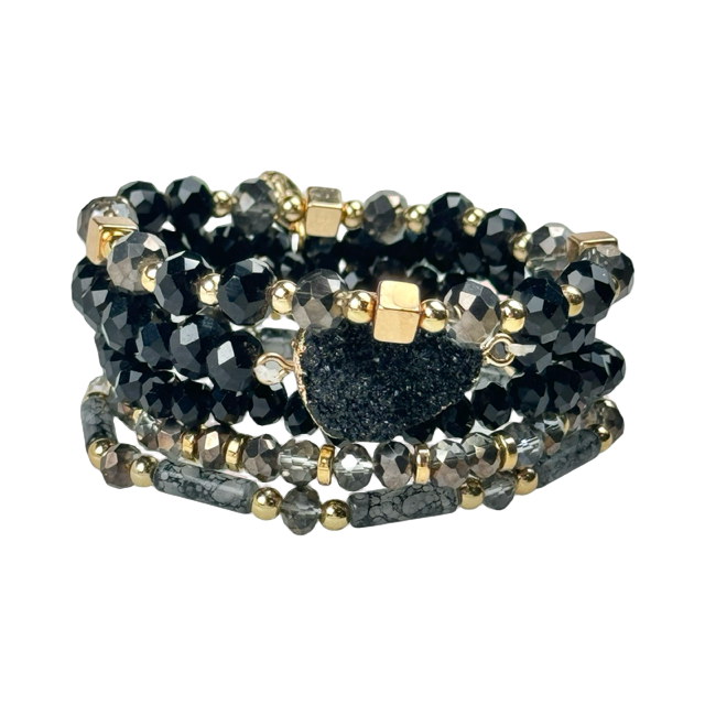Black Druzy Stone Beaded Bracelet Stack