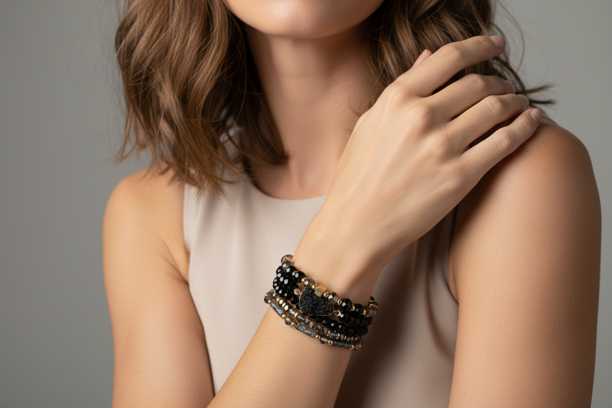 Black Druzy Stone Beaded Bracelet Stack