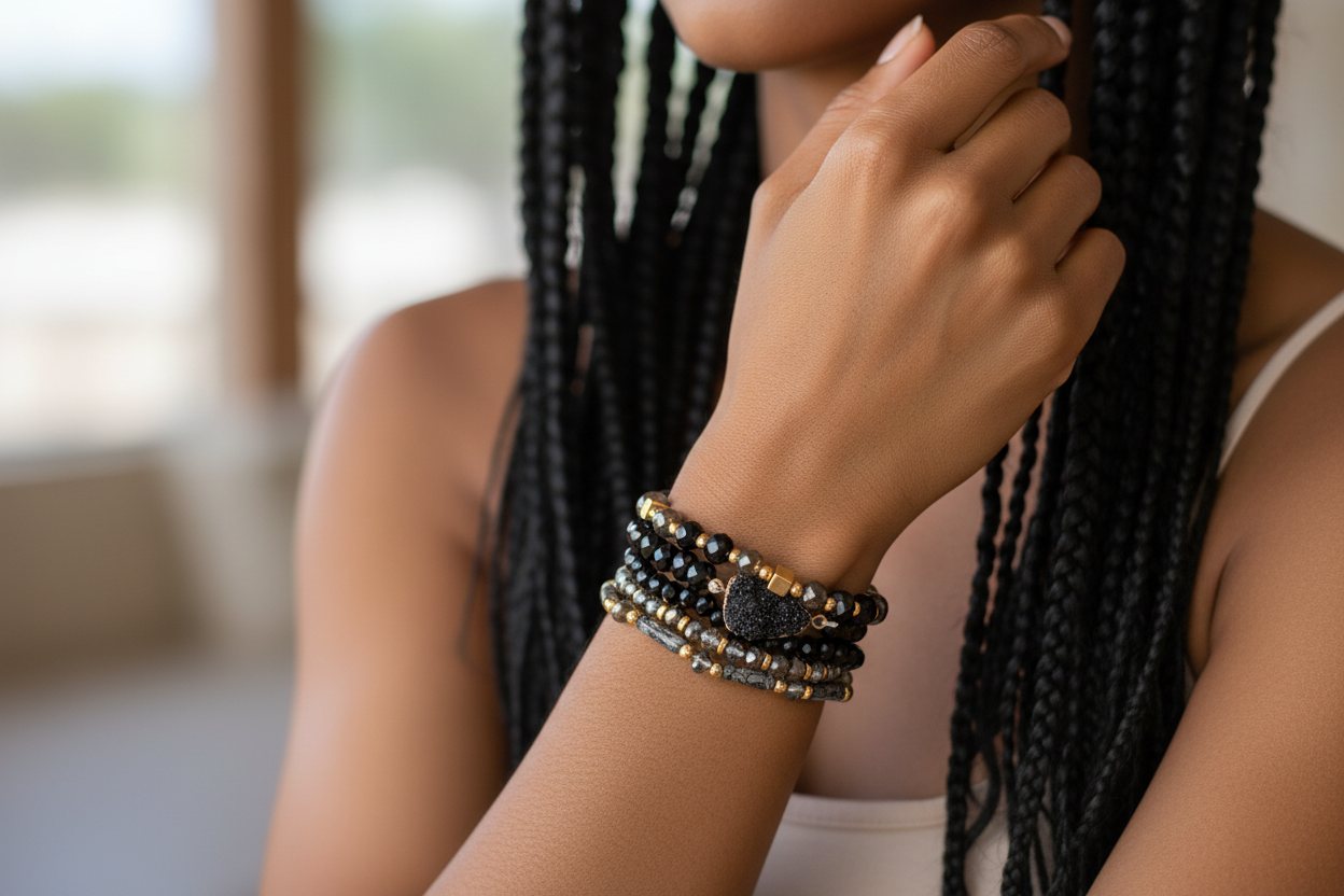 Black Druzy Stone Beaded Bracelet Stack