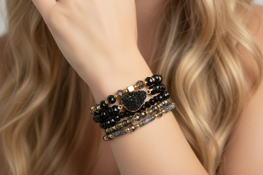 Black Druzy Stone Beaded Bracelet Stack