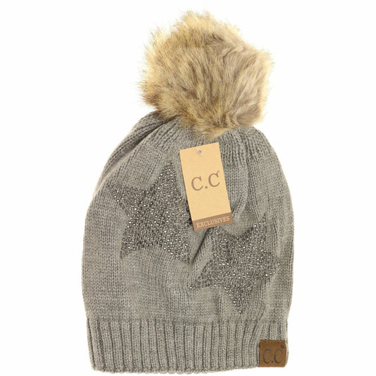 Rhinestone Gray Star Fur Pom Beanie Hat