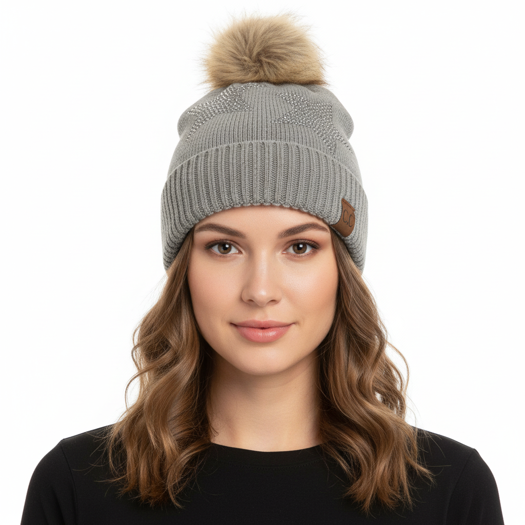 Rhinestone Gray Star Fur Pom Beanie Hat