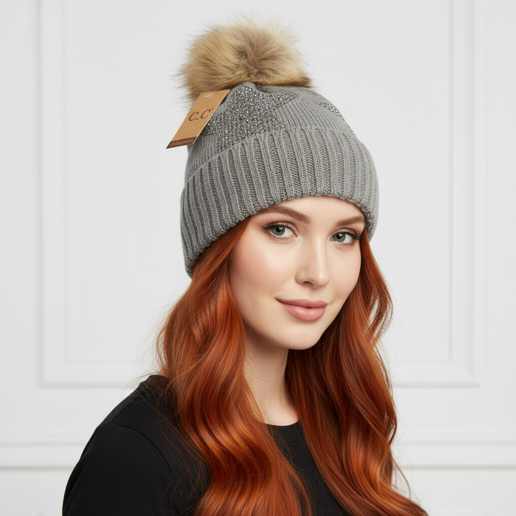 Rhinestone Gray Star Fur Pom Beanie Hat