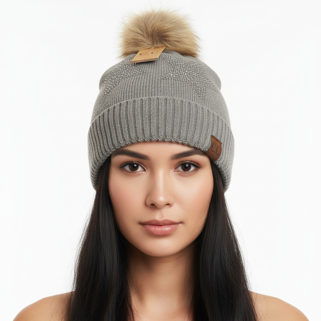 Rhinestone Gray Star Fur Pom Beanie Hat