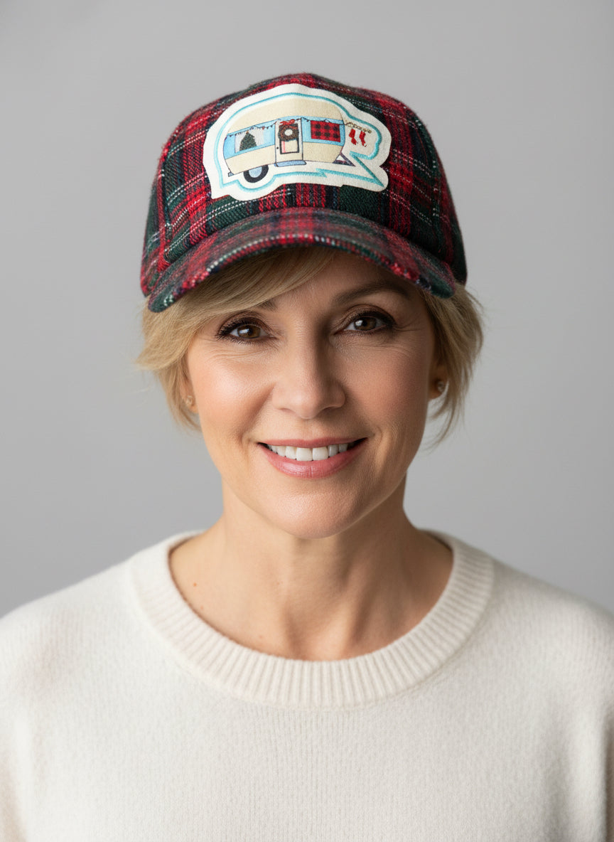 Happy Camper Christmas Plaid Ballcap