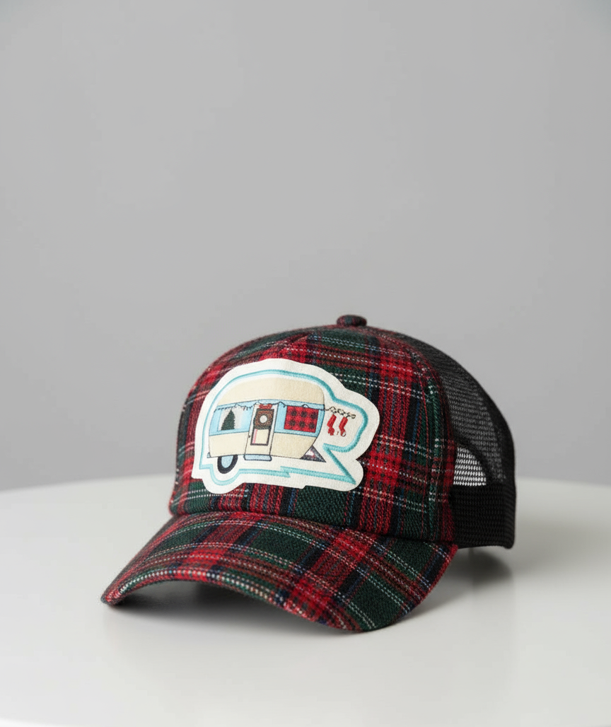 Happy Camper Christmas Plaid Ballcap