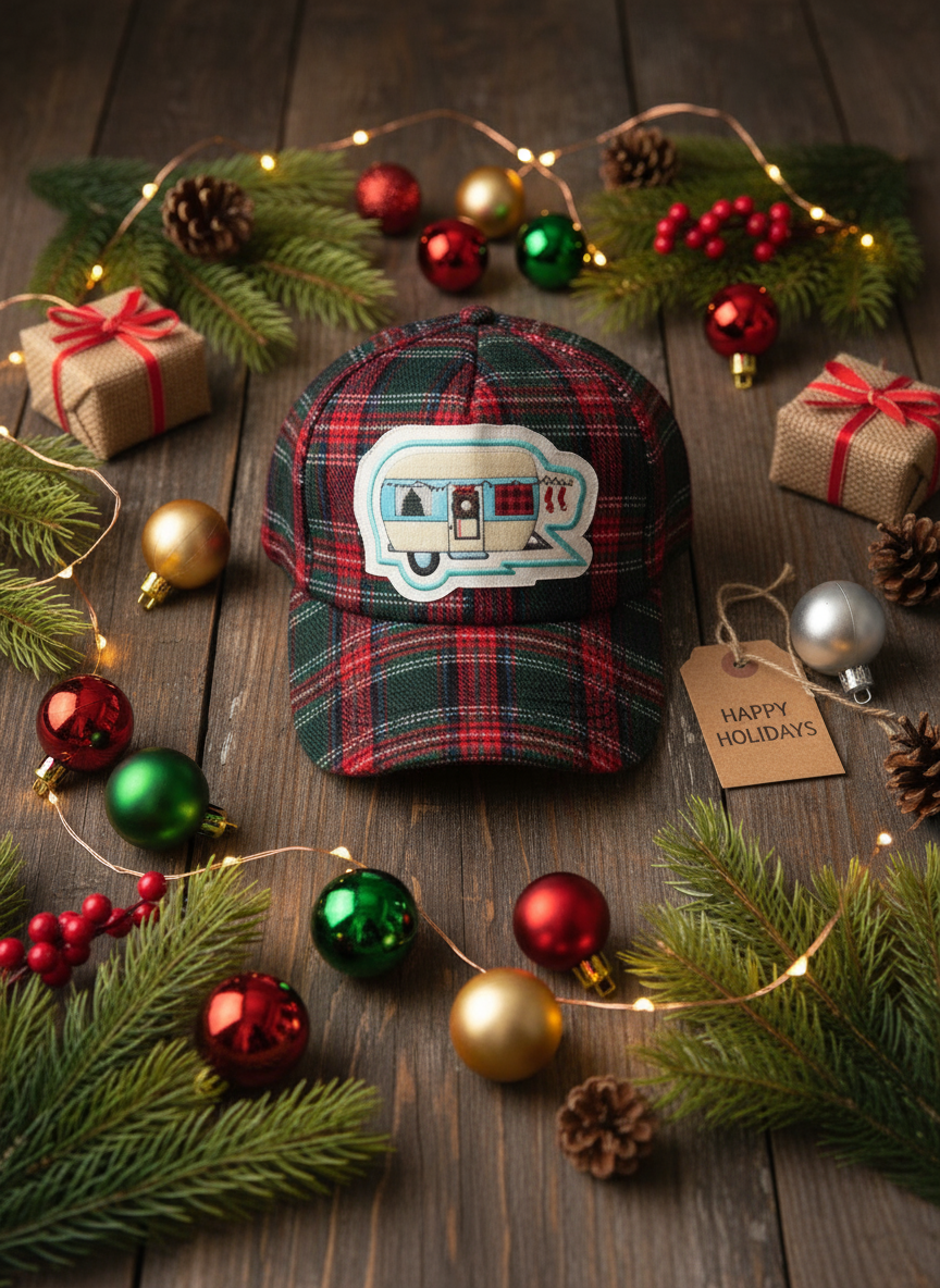 Happy Camper Christmas Plaid Ballcap