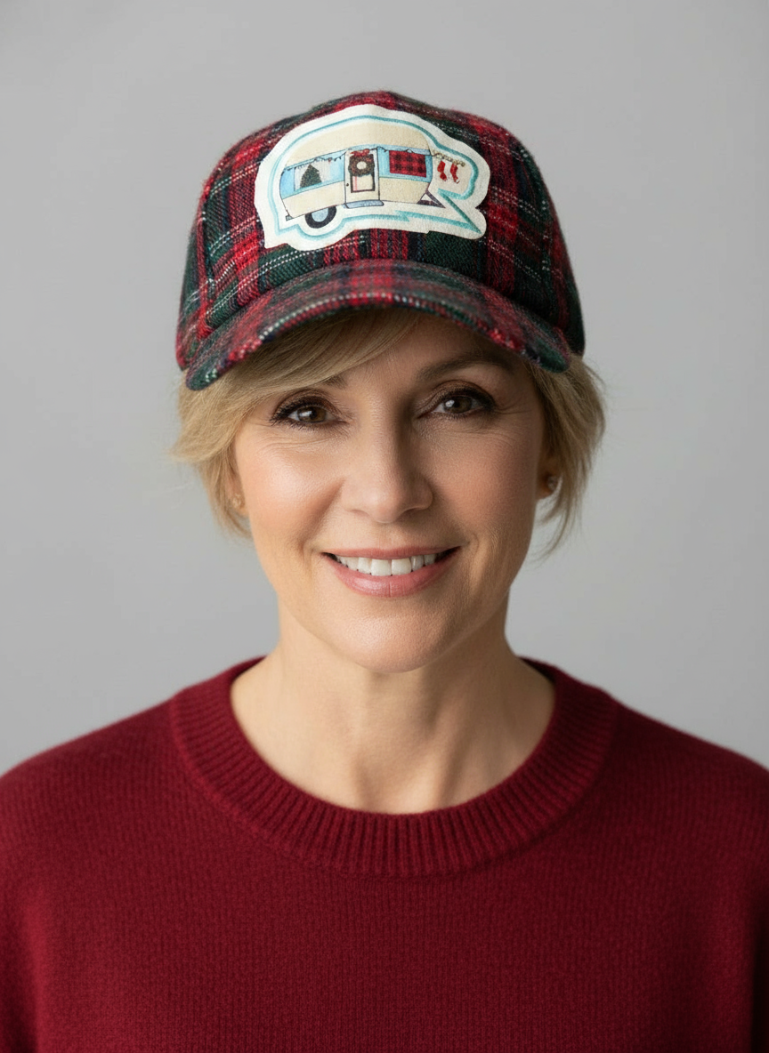 Happy Camper Christmas Plaid Ballcap