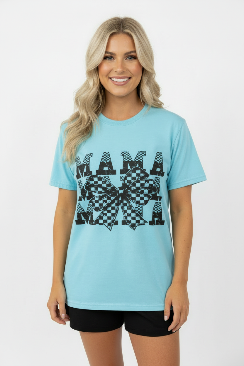 Mama Bow Checkered Blue Graphic Tee