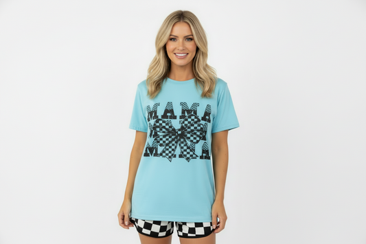 Mama Bow Checkered Blue Graphic Tee