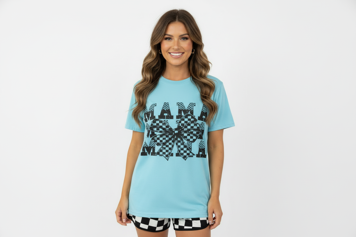 Mama Bow Checkered Blue Graphic Tee