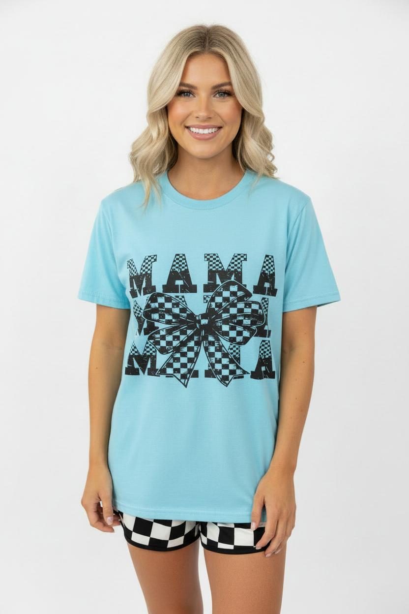 Mama Bow Checkered Blue Graphic Tee