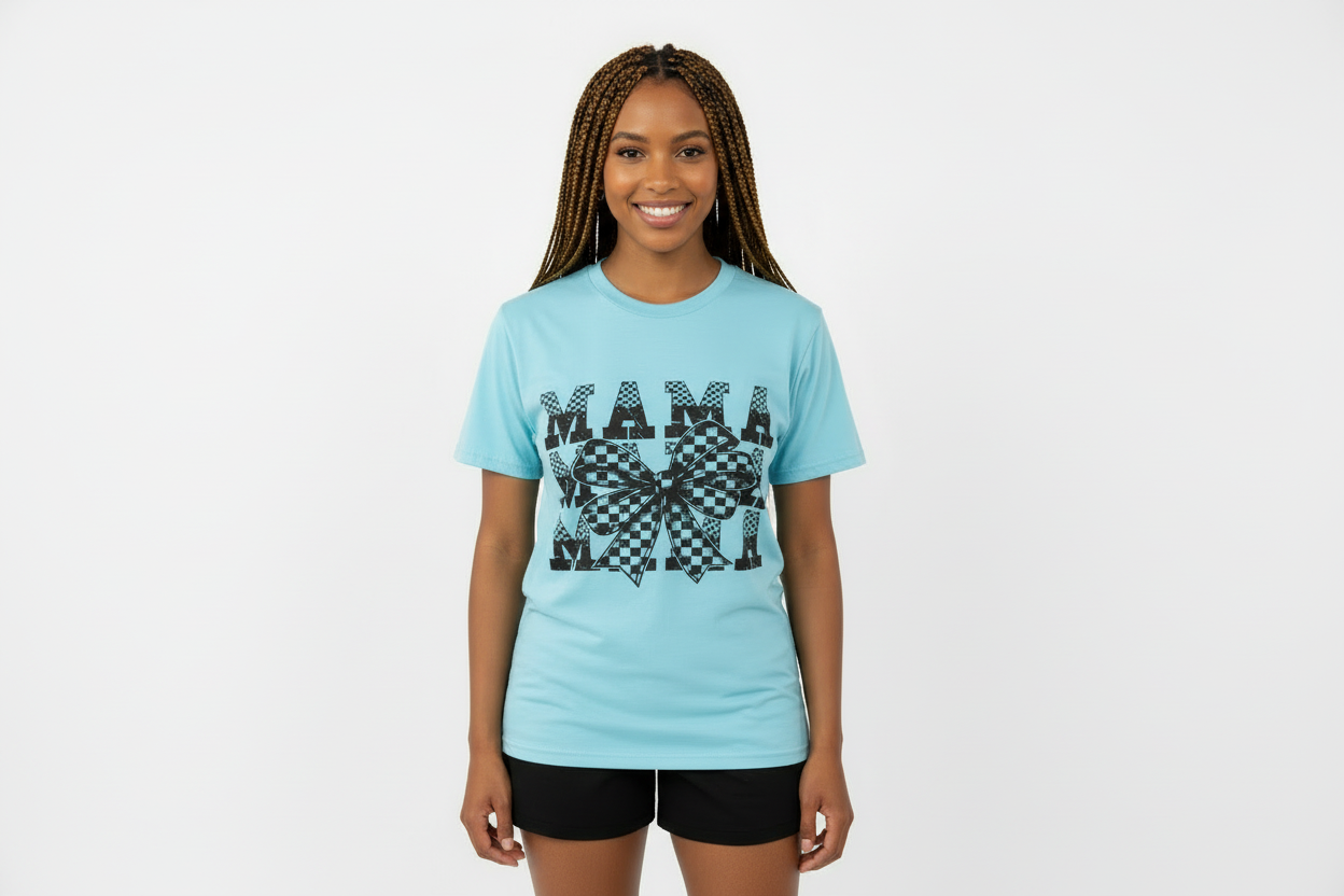 Mama Bow Checkered Blue Graphic Tee