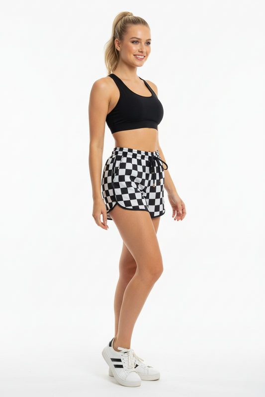 Black Checkered Drawstring Elastic Waist Casual Shorts