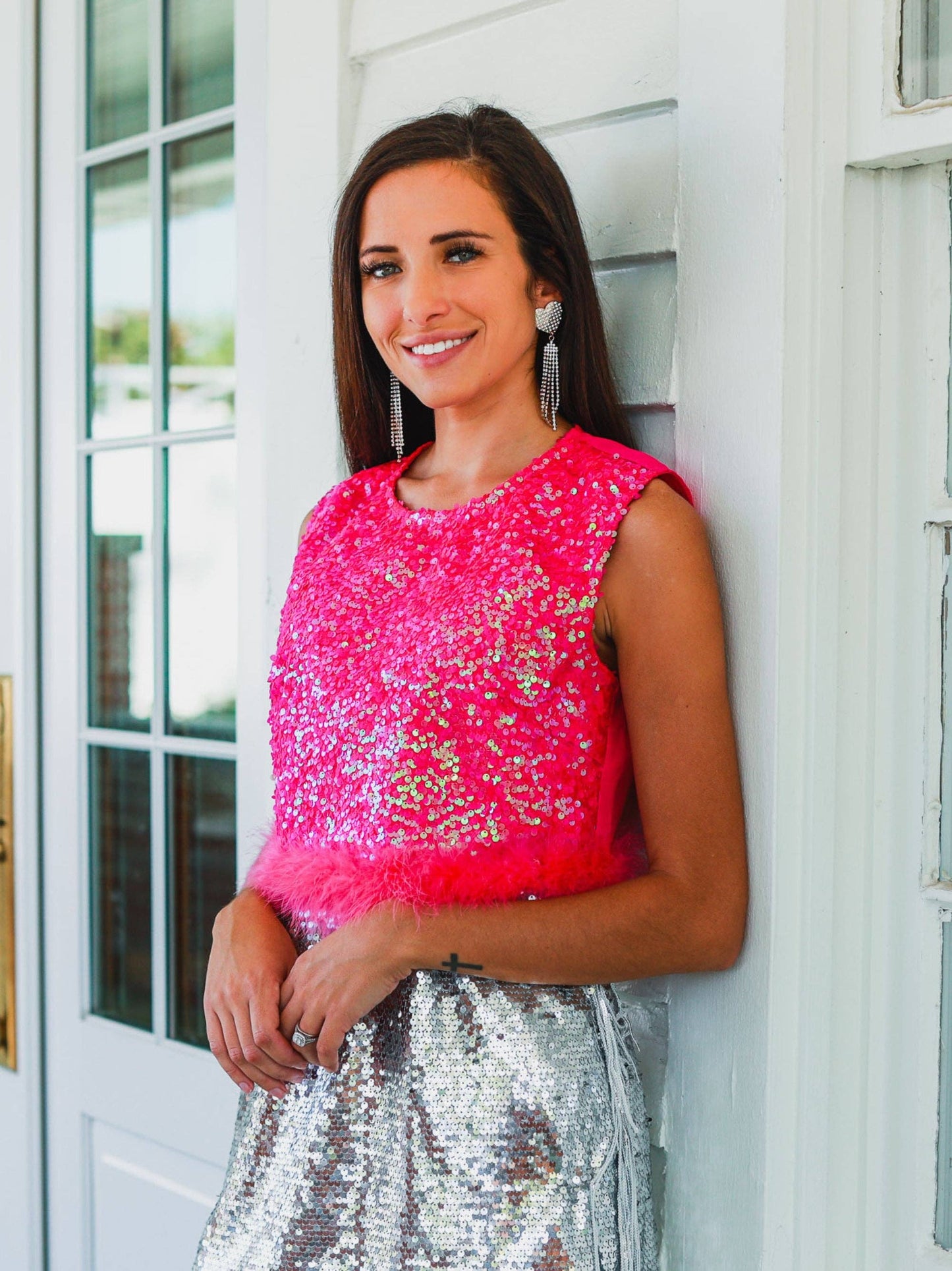 Feather or Not Hot Pink Sequin Crop with Feather Trim