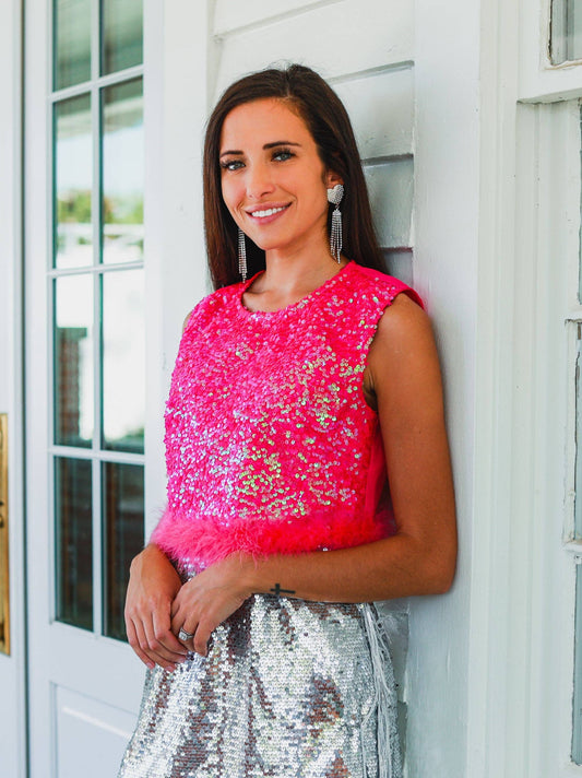 Feather or Not Hot Pink Sequin Crop with Feather Trim