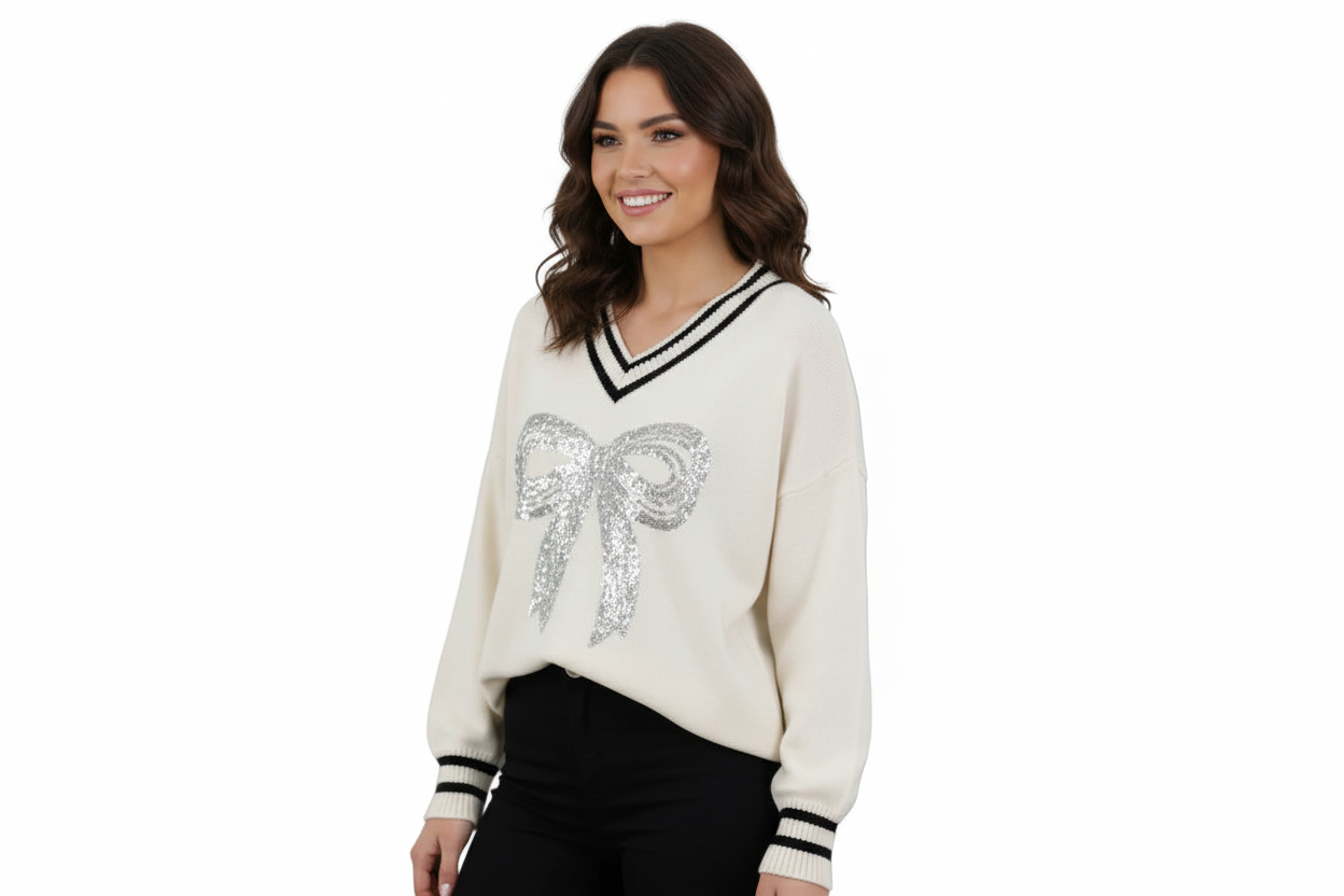 Silver Sequin Bow Sweater: Cream & Black Chic