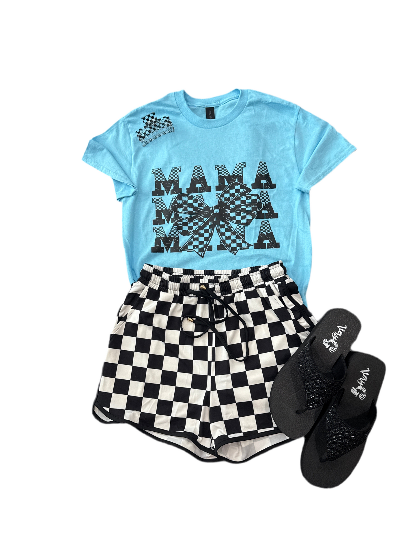 Mama Bow Checkered Blue Graphic Tee