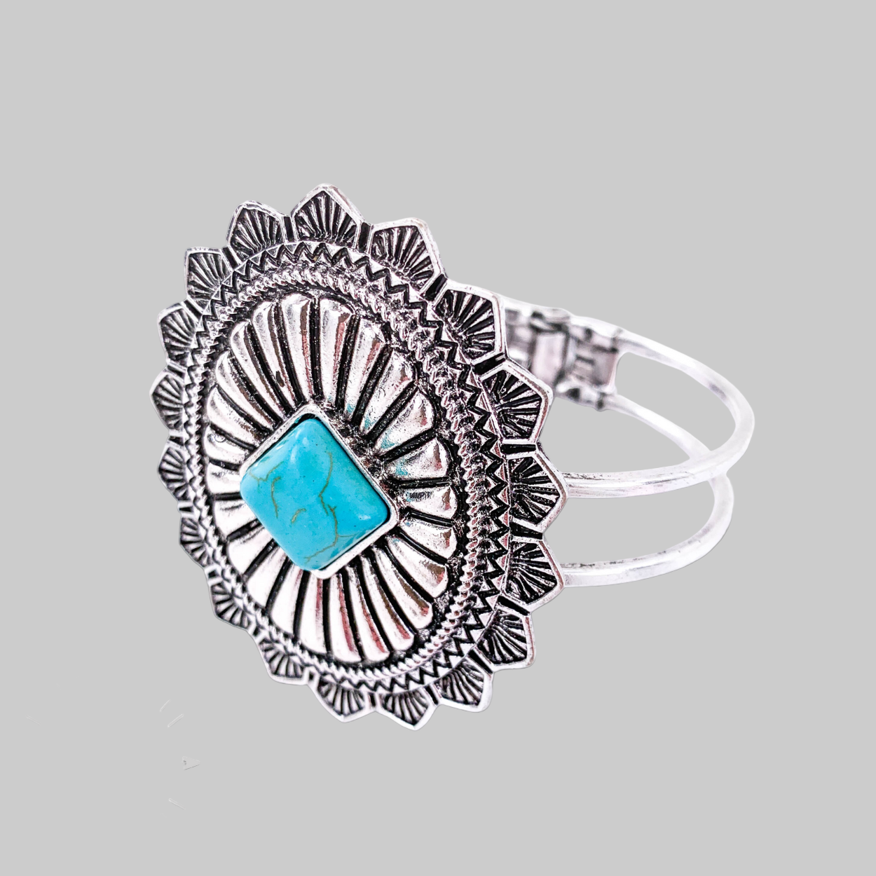 Carved Concho Silver Tone Cuff Bracelet