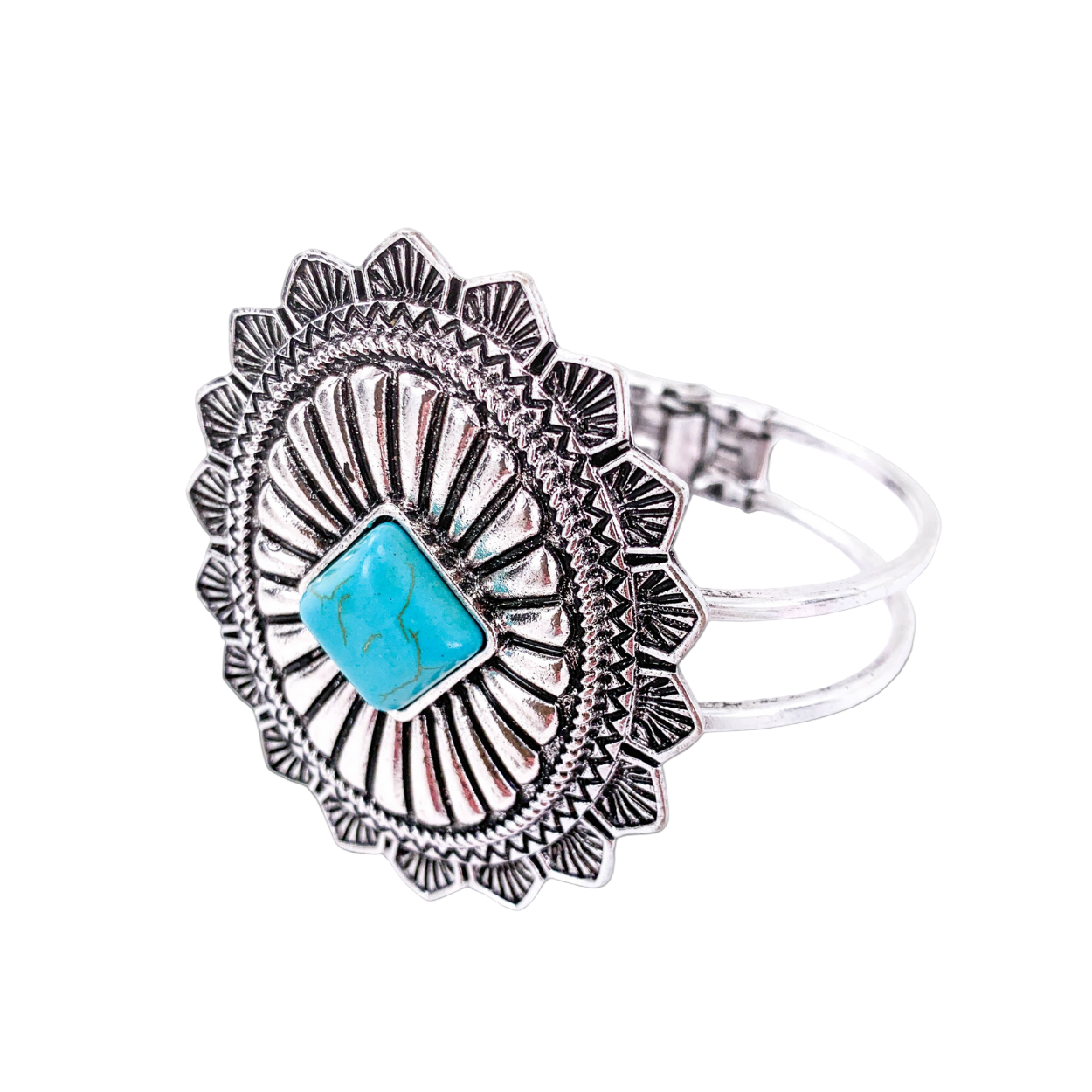 Carved Concho Silver Tone Cuff Bracelet