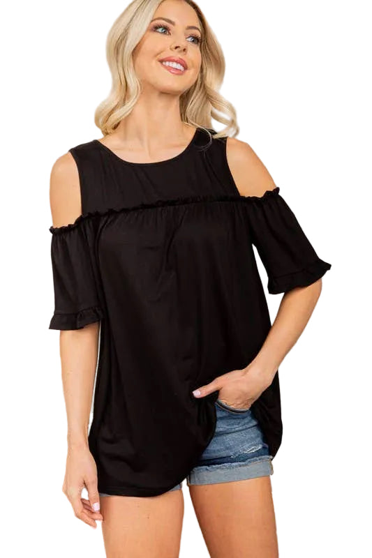 Cold Shoulder Black Solid Top With Ruffled Detail