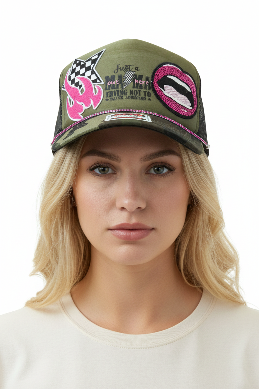 Just a Mom Camouflage Trucker Hat with Rhinestone Hat Chain