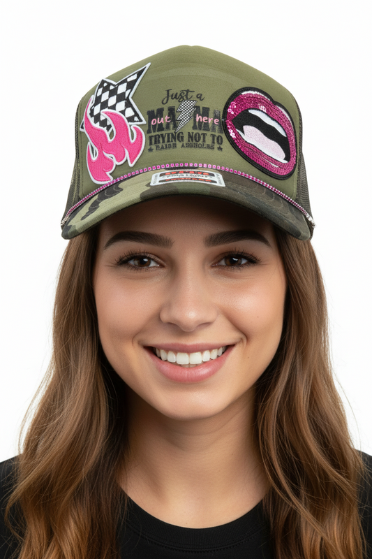 Just a Mom Camouflage Trucker Hat with Rhinestone Hat Chain
