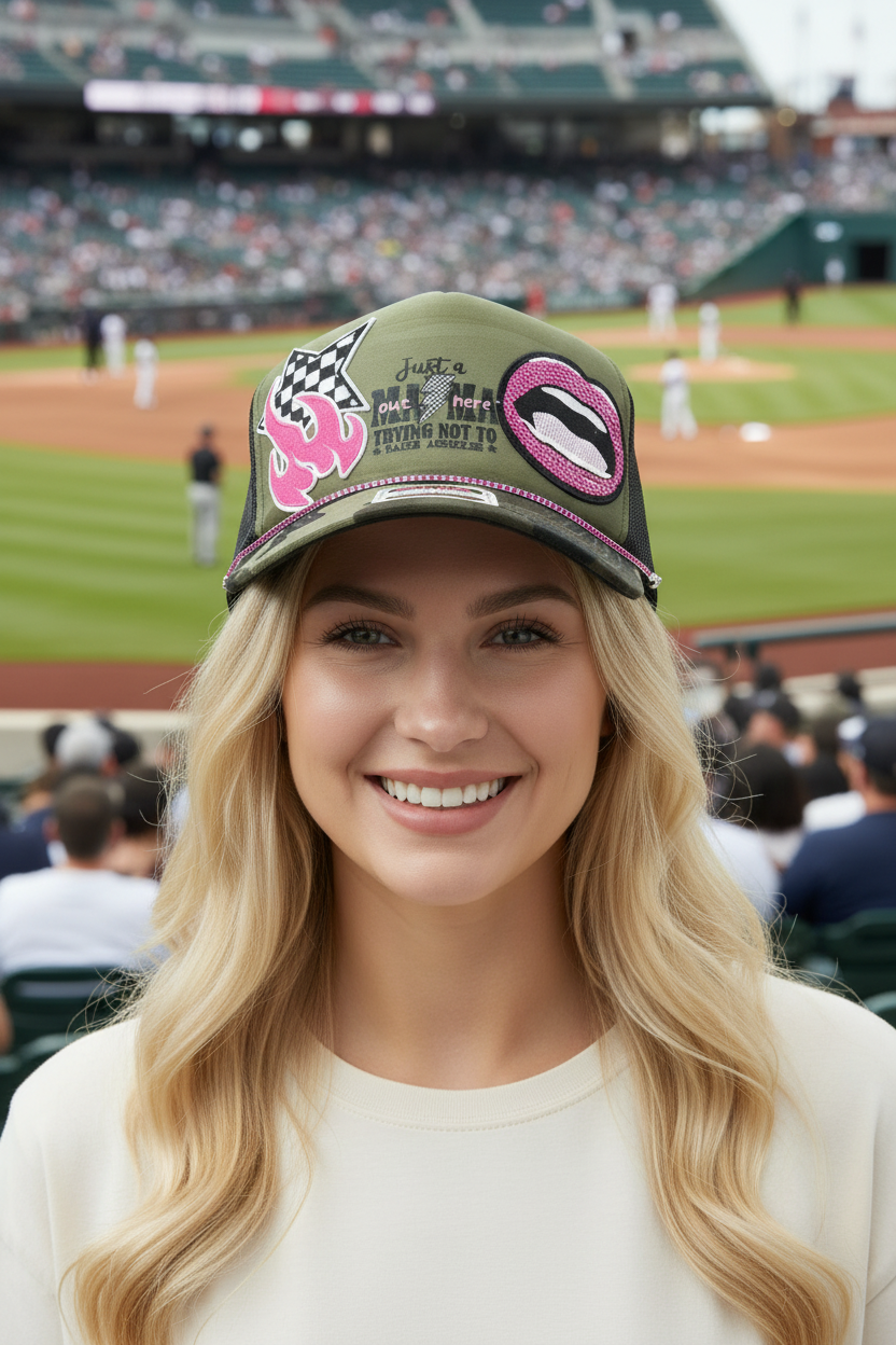 Just a Mom Camouflage Trucker Hat with Rhinestone Hat Chain