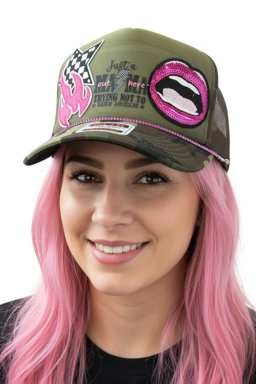 Just a Mom Camouflage Trucker Hat with Rhinestone Hat Chain