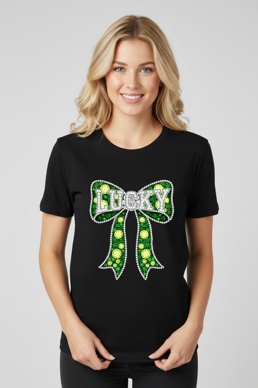 Lucky Bow Faux Rhinestone DTF Graphic Tshirt