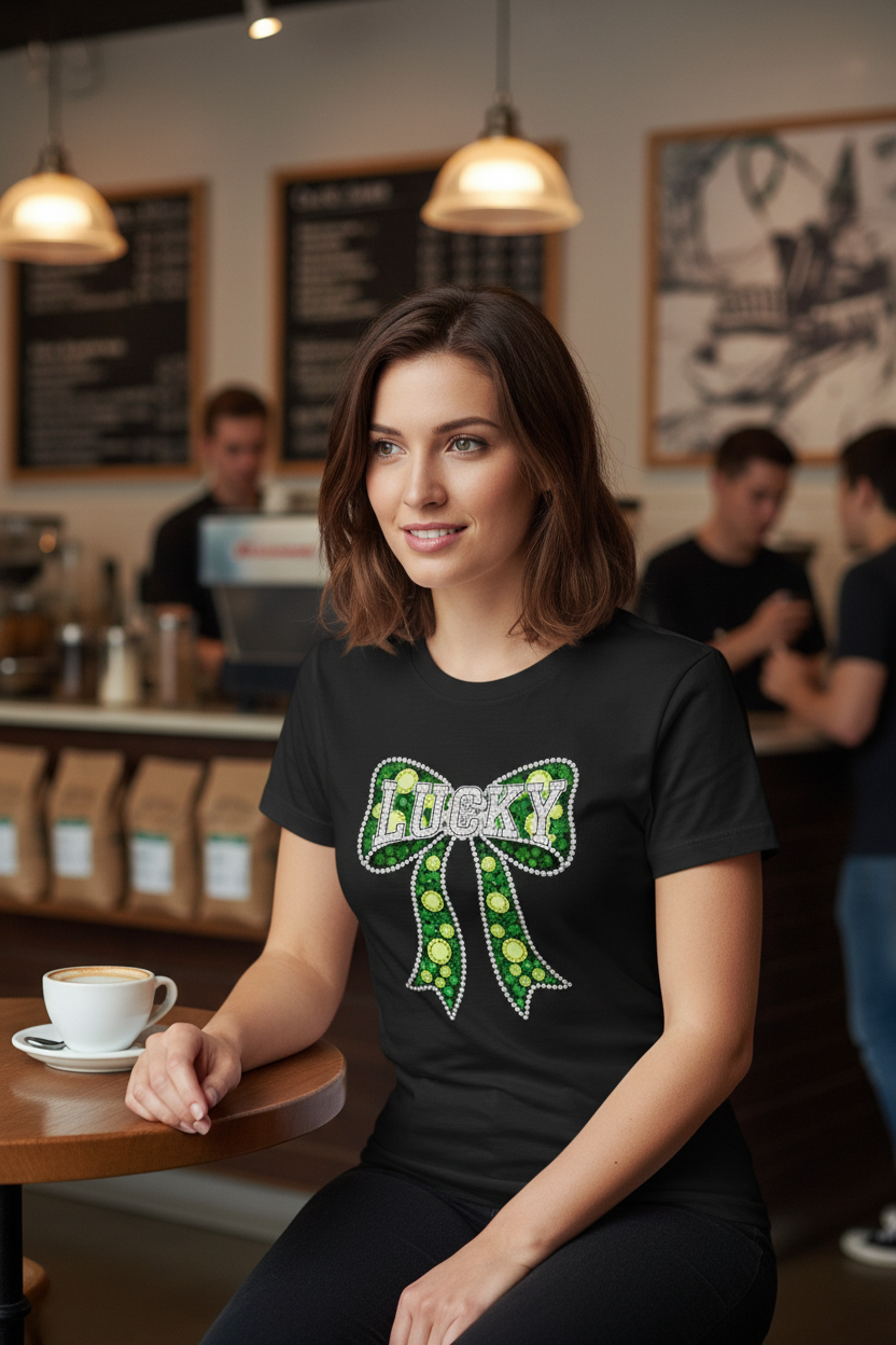 Lucky Bow Faux Rhinestone DTF Graphic Tshirt