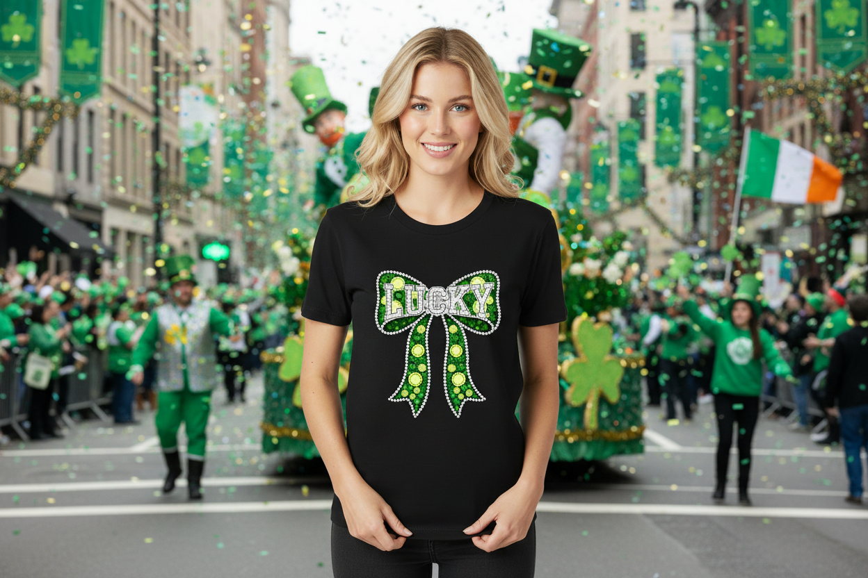 Lucky Bow Faux Rhinestone DTF Graphic Tshirt