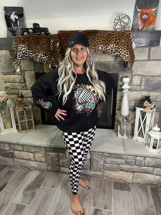 Ace Up My Sleeve Black Checkered Sweatshirt