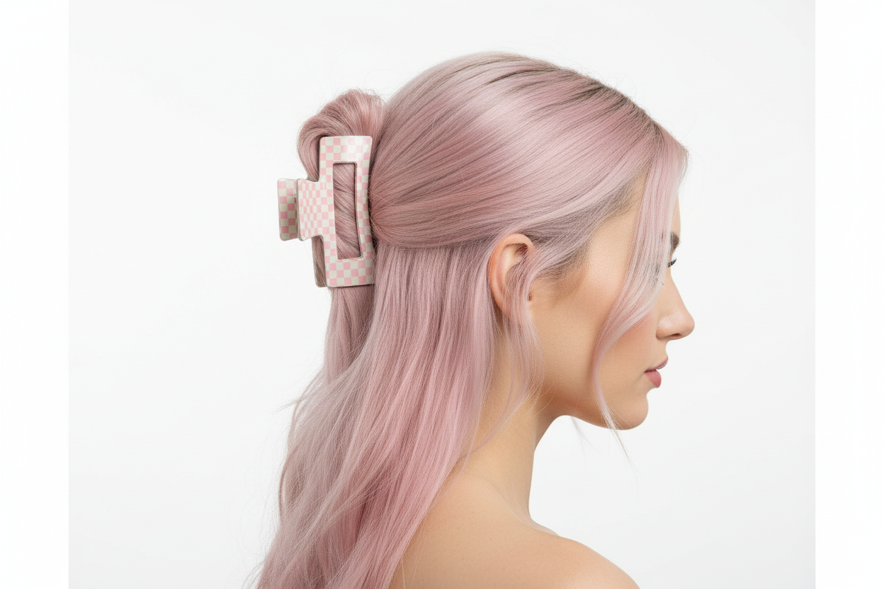 Pink Checkered Hair Claw Clips