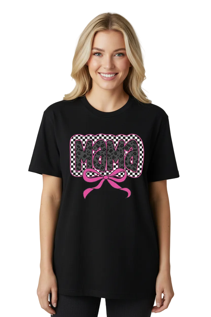 Mama Checkered Leopard Bow Graphic Tshirt