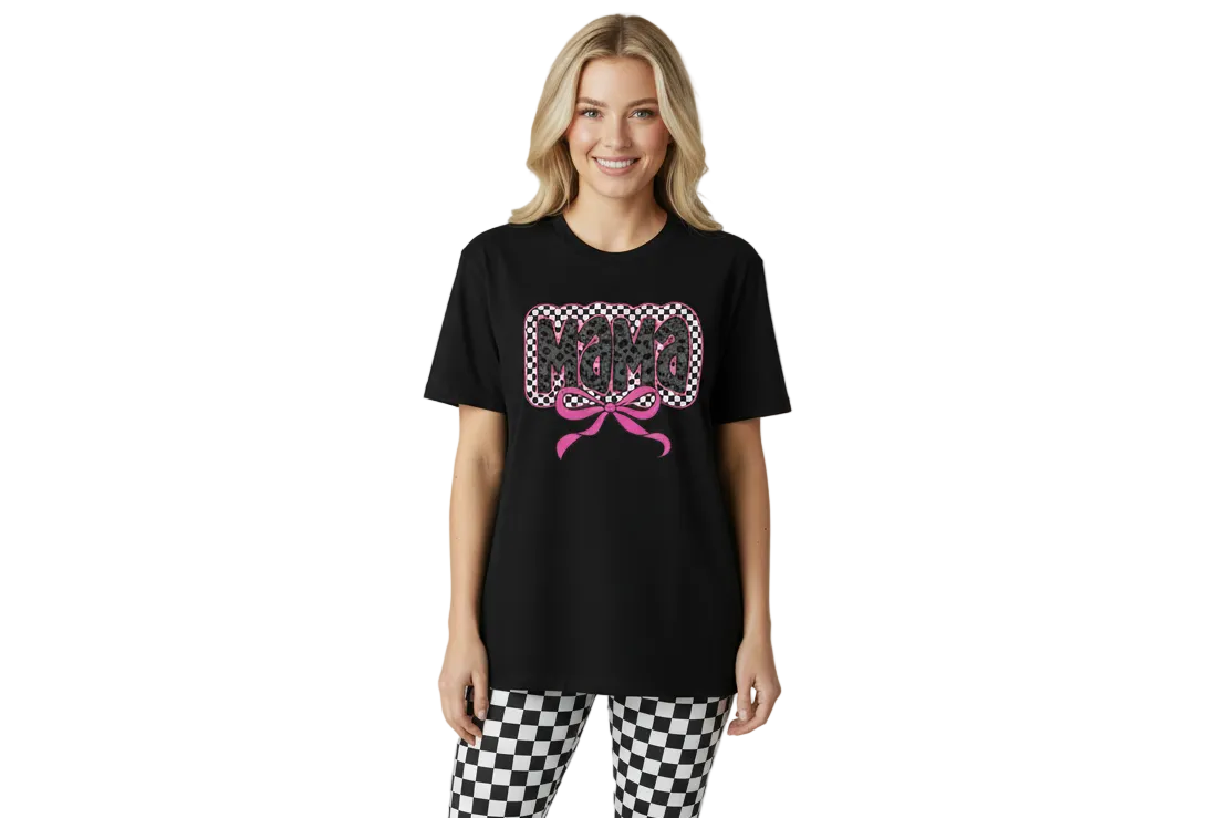 Mama Checkered Leopard Bow Graphic Tshirt