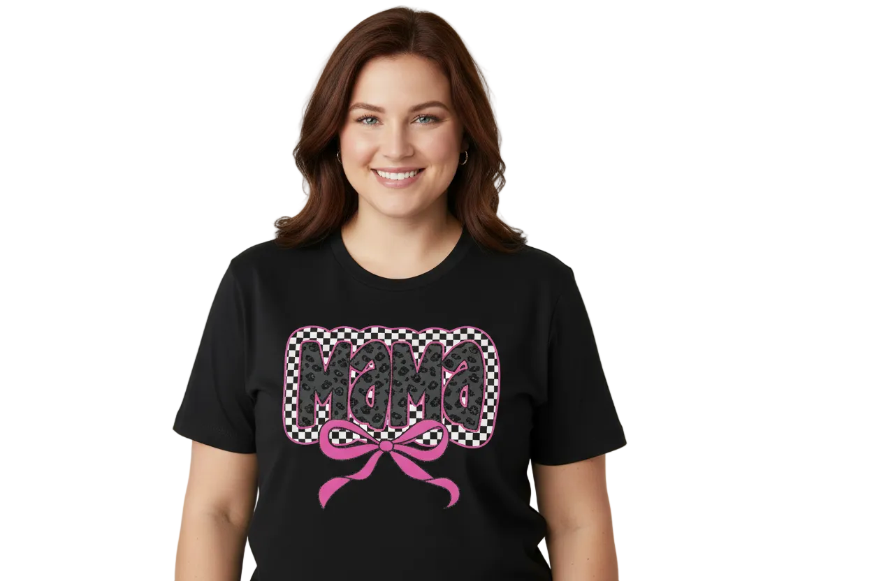 Mama Checkered Leopard Bow Graphic Tshirt