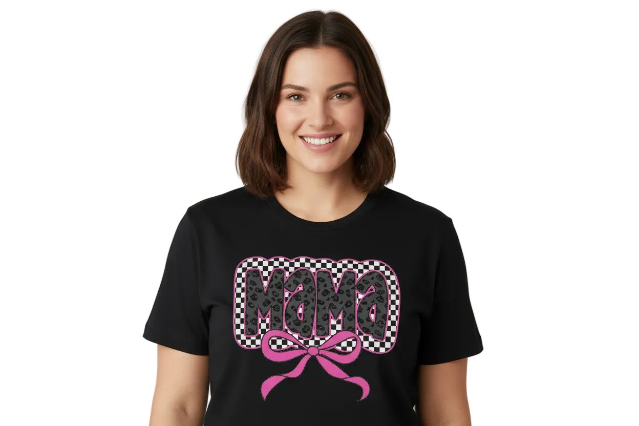 Mama Checkered Leopard Bow Graphic Tshirt