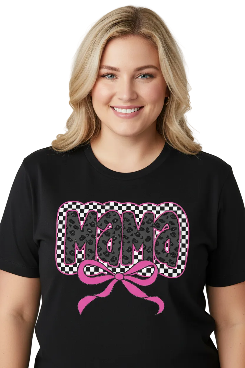 Mama Checkered Leopard Bow Graphic Tshirt
