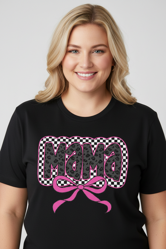 Mama Checkered Leopard Bow Graphic Tshirt